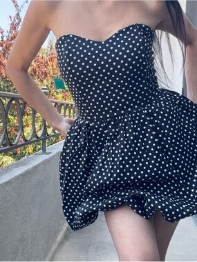 NWT Vintage Inspired Black & White Polka Dot Bubble Hem Strapless Mini Dress
